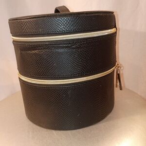 Lancome Black Textured Round Makeup Case with Gold Zipper Pulls